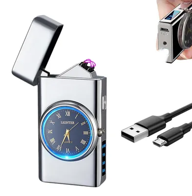 Zdjęcie produktu dla Elektryczny zapalniczka łukowa, ładowany przez USB, plazmowy, odporny na wiatr, wielokrotnego użytku, srebrny, klasyczny model z wbudowaną latarką LED