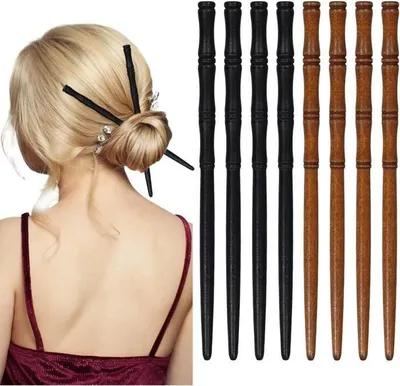 Produktbild von 8-teiliges Set Haarst?be aus Holz, Haarst?be in Retro-Bambusform