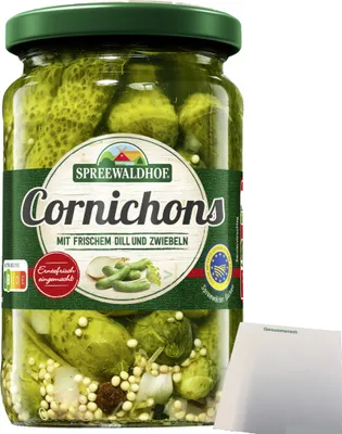 Produktbild von Spreewaldhof Cornichons mit frischem Dill und Zwiebeln (330g Glas) + usy Block