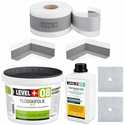 Produktbild von Dichtset Bad Dusche 4Kg Flüssigfolie 1L Tiefgrund 2 Innenecke 5M Dichtband LEVEL+ SET08