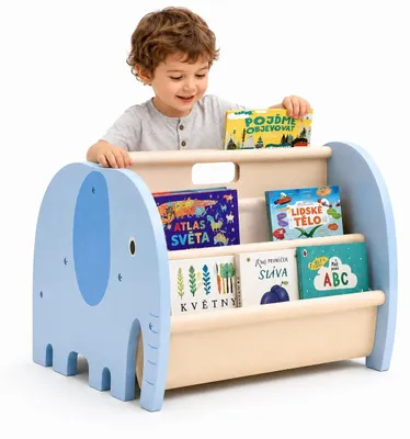 Image de Étagère en bois pour livres - Étagère portable pour enfants - 4 niveaux - Design éléphant - Étagère pour enfants - Montage facile - Étagère à livres