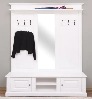 Produktbild von Casa Padrino Landhausstil Garderobe Weiß 180 x 41 x H. 210 cm - Massivholz Garderobenschrank mit Spiegel - Massivholz Garderobenmöbel - Landhausstil Garderobenmöbel