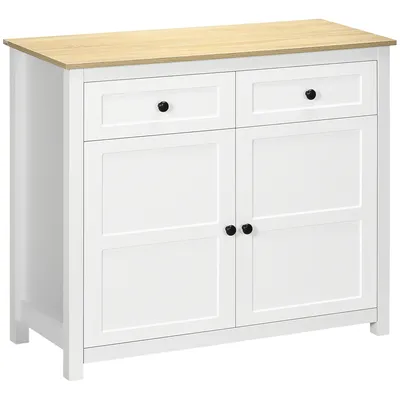 Image de HOMCOM Buffet, meuble de rangement, armoire pour salon, cuisine, avec 2 portes, étagère réglable en hauteur, 2 tiroirs, 100 x 40 x 85 cm, blanc et aspect bois