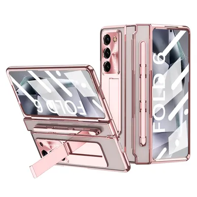 Produktbild von Handyhülle für Samsung Galaxy Z Fold 6 mit Pen und Stift Halter, Displayschutz Transparent Galvanisierte Ständer Schutzhülle Roségold