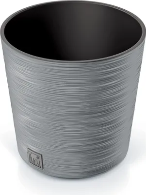 A close-up studio shot of a cylindrical planter pot with a textured gray exterior and a black interior.