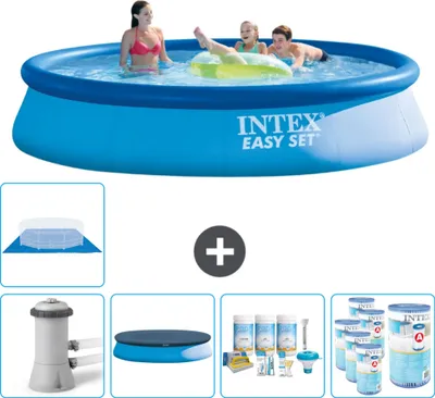 Produktbild von Intex runder aufblasbarer Easy Set-Schwimmpool – 396 x 84 cm – Blau – inklusive Pumpe Abdeckung - Wartungspaket - Filter - Bodenplane