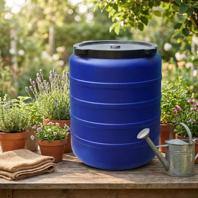 Produktbild von Kunststofffass 300L Regentonne Wassertank Wasserbehälter Regenfass Gartentonne Blau mit Deckel, KI-generiertes Bild