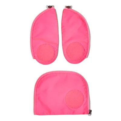 Three pink zippered pouches are arranged on a white background. Two are positioned side-by-side at the top, and one is centered below them.
