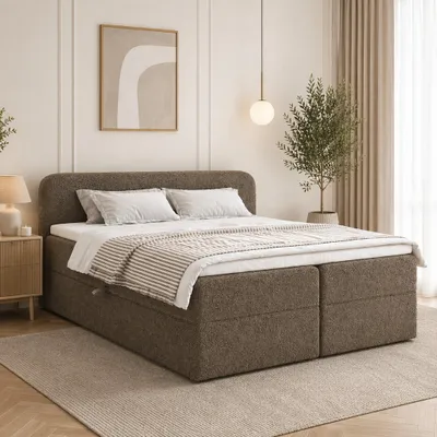 Produktbild von QLA Boxspringbett MALAGA 160x200 cm mit 2 Bettkästen, 7-Zonen-Taschenfederkern, Topper, Bouclé Dunkelbeige