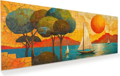 Produktbild von Glasbild 125x50cm in XXL für Wohnzimmer, Schlafzimmer Motiv Segelboot im Sonnenuntergang