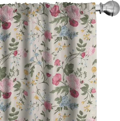 Immagine prodotto di ABAKUHAUS Tende botaniche vintage, tende, bouquet di fiori endemici vittoriani e colorati Blooming, 2 pezzi 75 x 175 cm, multicolore guscio d'uovo