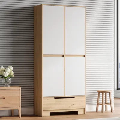 Produktbild von Küchenschrank mit 1 Schublade, verstellbaren Einlegeböden und Türablagen, 80 x 35 x 180 cm, Weiß und Natur
