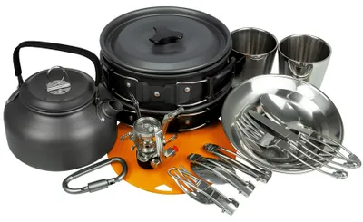 Produktbild von Black Snake Camping Geschirr Set 14-teilig für 2 Personen Topf Teller Gaskocher