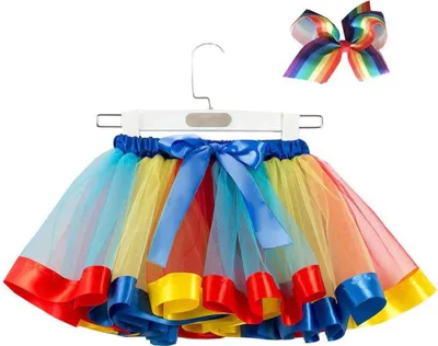 Immagine prodotto di Jumada's – Gonna tutù arcobaleno con fiocco per capelli per bambine – (da 5 a 7 anni) – Abiti da ballo per feste – Include gonna colorata e abbigliamento per bambini