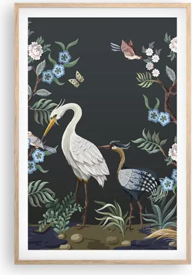 Produktbild von Gerahmtes Poster - Rahmen in heller Eiche - Asiatisch Reiher Blumen - 61x91,5 cm - Wand Bild - Wanddeko - Wandbilder - Kunstposter - Wandposter - Bilderrahmen - Bilder - Kunstdruck - P2NPA61x91-4699