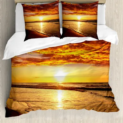 Produktbild von ABAKUHAUS hawaiisch Bettbezug Set, Dramatischer Sonnenuntergang exotischer Strand Ozean Wellen Küsten, 155 x 220 cm + 80 x 80 cm, Dunkle Orange Orange