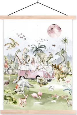 Produktbild von MuchoWow® Textilposter Dinosaurier - Kinder - Bus - Bäume - Tiere - Kinder 60x80 cm mit holzfarbenen Rahmen - Wandbild