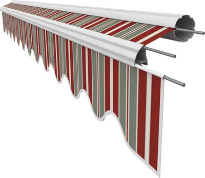A striped awning fabric with a scalloped edge, shown extended from its mounting.