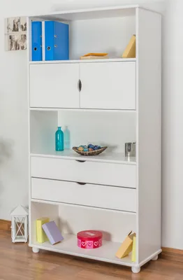 Produktbild von Regal, Küchenregal, Wohnzimmerregal, Bücherregal - 100 cm breit, Kiefer Holz-Massiv, Farbe: Weiß