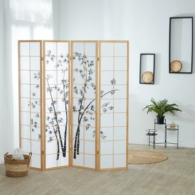 Obrázok produktu pre Homestyle4u Paraván na rozdelenie miestnosti 4-dielny drevo príroda ryžový papier biely motív bambus výška 179 cm