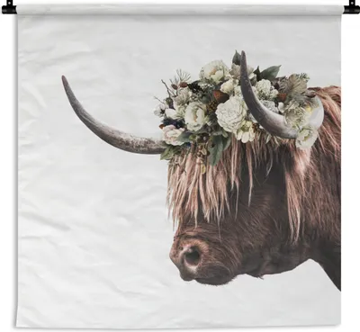 Produktbild von MuchoWow® Wandteppich Wandbehang Schottischer Highlander - Blätter - Hörner 150x150 cm Tapisserie Dekoration Wandtuch - Wohnaccessoires - Modernes