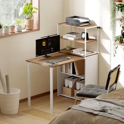 Produktbild von SUGIFT Schreibtisch Klappbar mit 4 Regal, Küchentisch Laptoptisch Arbeitstisch, Spanplatte Stahl, Naturholz | 105 x 60 x 127 cm | 23,2 kg | platzsparend