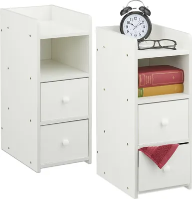 Zdjęcie produktu dla Szafka nocna Relaxdays, zestaw 2 szt., 2 szuflady, wys. x szer. x gł.: 55 x 22,5 x 34 cm, do sypialni, wąska szafka nocna, biała