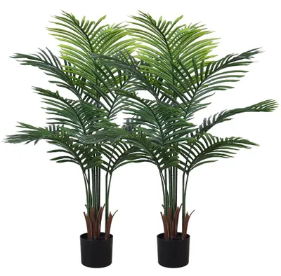 Image de Palmier artificiel, 120 cm (lot de 2), arbre tropical artificiel avec pot noir, palmier Areca en soie synthétique pour la maison, le bureau, le salon et la décoration d'intérieur.