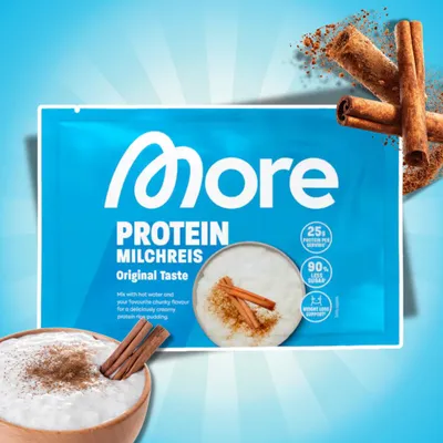 Imagen del producto de MORE Arroz con leche en polvo, sabor original, 65 g – Arroz con leche rico en proteínas + Protector para envíos