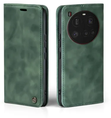 A green flip case for a smartphone, shown from the front and back.
