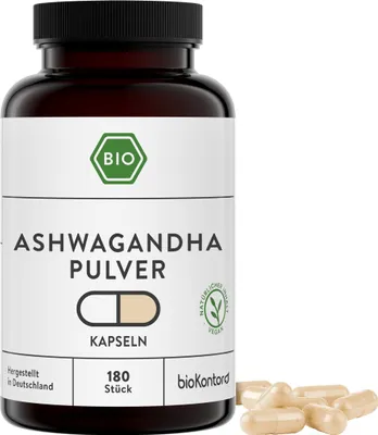 Produktbild von Ashwagandha Kapseln | 180 Stück | 1500 mg je Tagesdosis | vegan und ohne Zusätze | in Deutschland hergestellt und labor | bioKontor