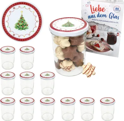 A collection of glass jars with lids, a recipe book, and a decorative plate, all with a Christmas theme.