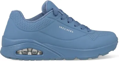 A side view of a blue Skechers sneaker.