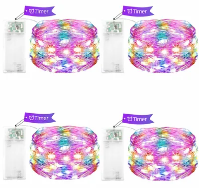 Kupferdraht-Lichterkette, bunt, 1 m, 10 LEDs, Timer, 4er-Set