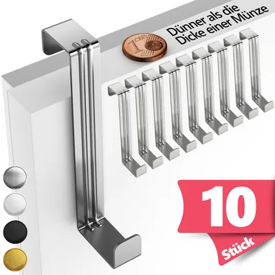 Produktbild von Lindenstein Türhaken zum Einhängen, 10er Set, Silber - Kleiderhaken für Tür oder Schrank, vielseitige Türgarderobe zum Einhängen mit hoher Tragkraft