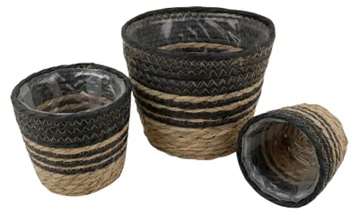 Produktbild von Übertopf Seegras Korb, Boho Pflanztopf Geflochten, Korbtopf Natur mit Folie, Schwarz