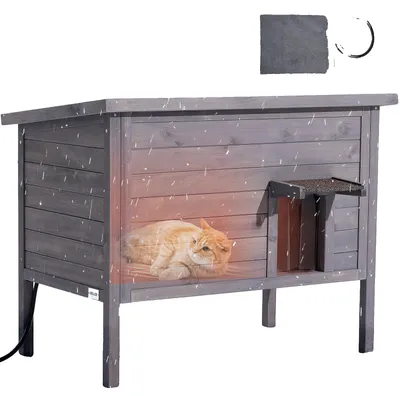 Image de VEVOR Maison pour chats Outdoor 870 x 535 x 690 mm, niche pour chats en bois, niche pour chats résistante à l'hiver avec coussin chauffant de 30 W, porte rabattable en PVC & toit en asphalte, abri pour chats pour 1 à 3 chats en hiver,