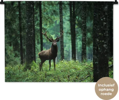 Produktbild von MuchoWow® Wandteppich Wandbehang Hirsche - Wald - Bäume - Tiere - Natur 90x67.5 cm Tapisserie Dekoration Wandtuch - Fototeppich - Wand-Skulpturen