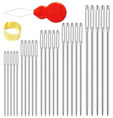 Produktbild von Nähnadeln Set 100 Stück mit Großem Öhr, 5 Größen, Edelstahl, mit Einfädler & Fingerhut
