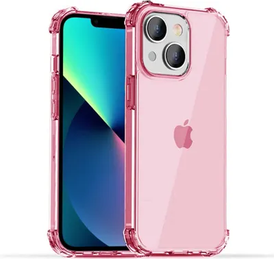 A pink transparent iPhone 13 Mini case with a bumper is shown against a white background.