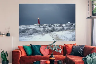 Zdjęcie produktu dla OneMillionCanvasses® - Wydruki na płótnie - 150x100 cm, Latarnia morska w śnieżnym krajobrazie Schiermonnikoog, grafika ścienna dekoracja ścienna