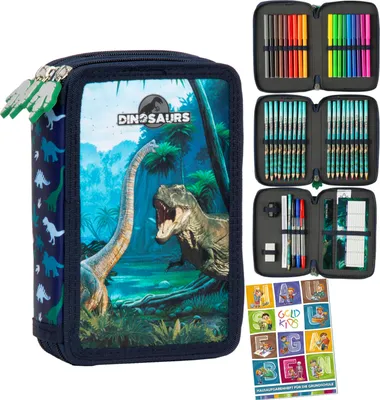 Produktbild von Federmäppchen 3 Fächer Mäppchen Mädchen Jungen Federmappe 3-Fach Federtasche Gefüllte Schüleretui 44-teilig Schulmäppchen Dinosaurier Hausaufgabenheft