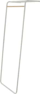 A white metal coat rack with a wooden bar is shown against a white background.