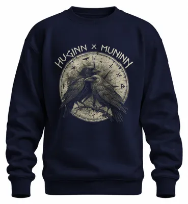 Imagen del producto de Sudadera con capucha uni, estilo vikingo, con motivos de Huginn, Muninn, cuervos, Odín y el símbolo Vegvisir, con runas góticas, diseño nórdico, color azul marino, talla M