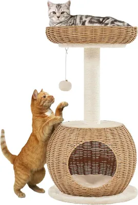 Produktbild von Rattan Kratzbaum 75 cm Katzenbaum mit Abnehmbarer Plüschmatte | Pflegeleichtes PE-Rattan | Platzsparend | Für kleine & mittelgroße Katzen | mit Kippsicherung | Abnehmbare Plüschmatte