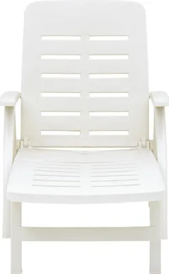 A white plastic lounge chair is shown from the front.