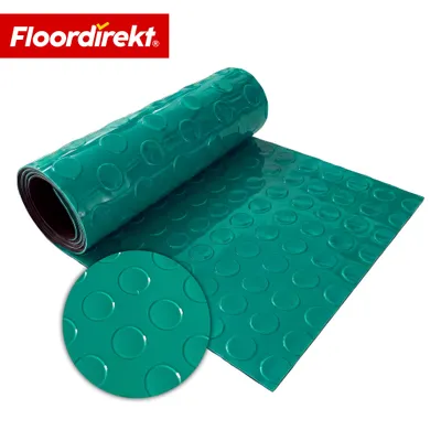 Zdjęcie produktu dla Podłoga PCV Floordirekt Coin Mirror, płaskie wypustki o wyglądzie monet, antypoślizgowa i łatwa w pielęgnacji, do garażu, warsztatu i magazynu – zielona, 110 x 200 cm