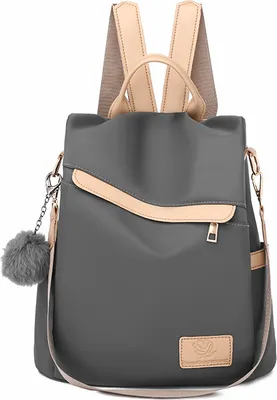 Image de Sac à dos pour femmes Porte-monnaie avec pom pom anti-vol Sac de voyage Convertible Satchel Sacs à main et sac à bandoulière, Gris