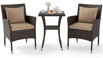 Immagine prodotto di Set da balcone KOMFOTTEU, composto da 3 pezzi: set di mobili da giardino con 2 poltrone in rattan e tavolo a 2 piani in vetro temperato, set da bistrot con cuscini, set di mobili per terrazza, set di sedute per giardino, cortile e veranda
