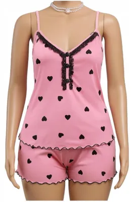Immagine prodotto di Set pigiama - Pigiama da notte da donna - Camicia da notte e pantaloncini - Rosa e nero - Motivo a cuore - Taglia unica